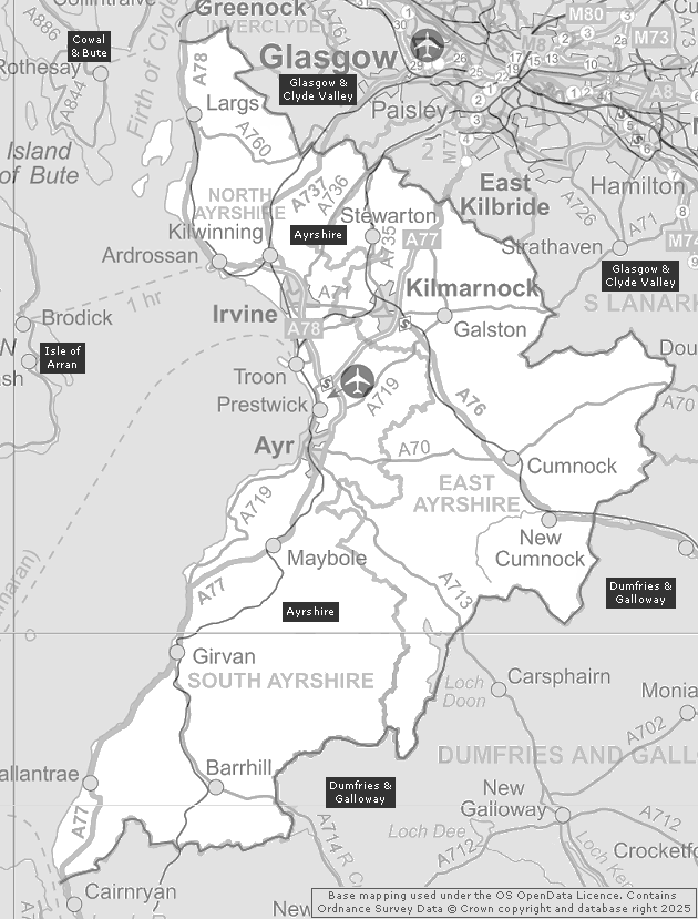 Ayrshire, Showing Main Settlements & Connecting Areas