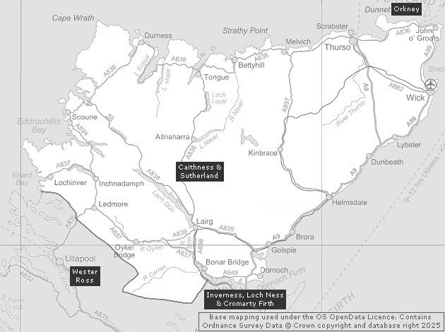 Caithness & Sutherland, Showing Main Settlements & Connecting Areas
