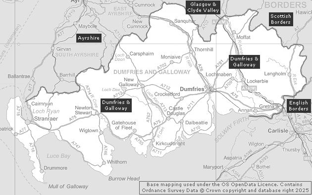 Dumfries & Galloway, Showing Main Settlements & Connecting Areas