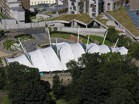 Dynamic Earth from Salisbury Crags, with the Scottish Parliament in the Background